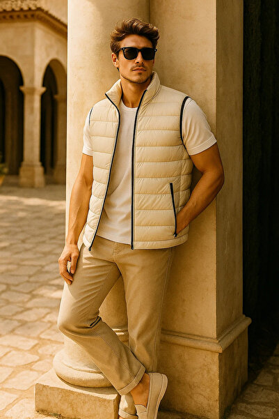 comstar Men's Winter Premium Trend Zippered Cream Puffer Vest