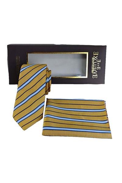 Exve Exclusive Yellow Navy Blue Striped Jacquard Woven Tie and Handkerchief Set with Gift Box