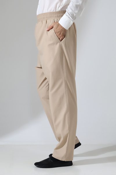 ihvan online Men's Elastic Waist Pocket Hajj Umrah Linen Shalwar Pants - Beige (VŞN)
