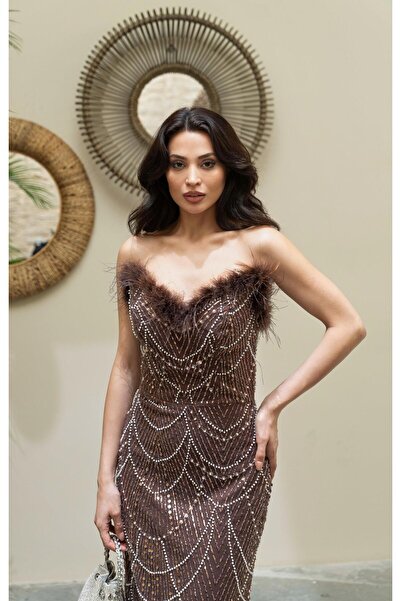 Serica Moda Καφέ Στράπλες Φόρεμα Βραδινό Φόρεμα με Λεπτομέρεια Κεντήματος