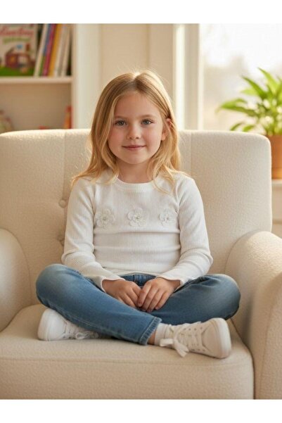 Zekids Girls' Floral Patterned Corded Fabric Long Sleeve T-Shirt