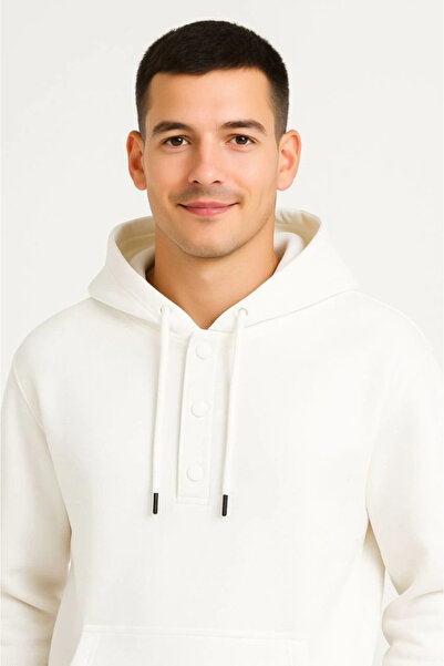 GENCULUS Men's Ovarsize Hooded Wetshirt Kangaroo Pocket Snap Fastener 3 Thread Fleece-Lined Hoodie White