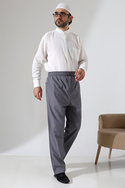 ihvan online Men's Elastic Waist Pocket Hajj Umrah Linen Shalwar Pants - Anthracite (VŞN)