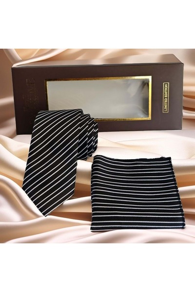 Exve Exclusive Black and White Elegant Striped Jacquard Woven Tie and Handkerchief Set with Gift Box