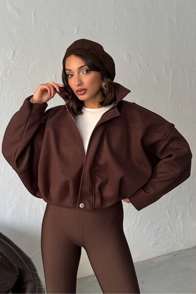 VELZANA Brown Bomber Short Cashmere Coat Jacket