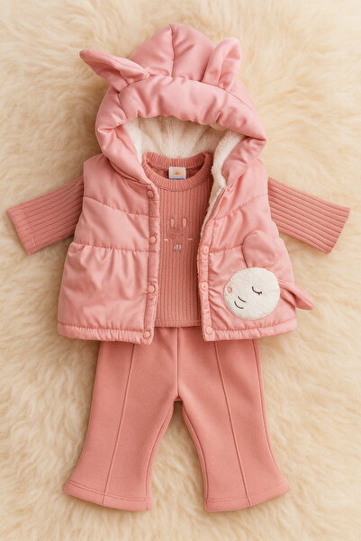 Uğur bebe Pink 3-Piece Set Defying Winter: Fleece Inside, Hooded Puffer Vest + Thick Single Bottom Layer + Sweatshirt