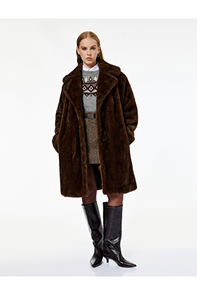 Koton X Melis Ağazat - Palton din blană artificială cu nasturi, mâneci lungi, buzunare