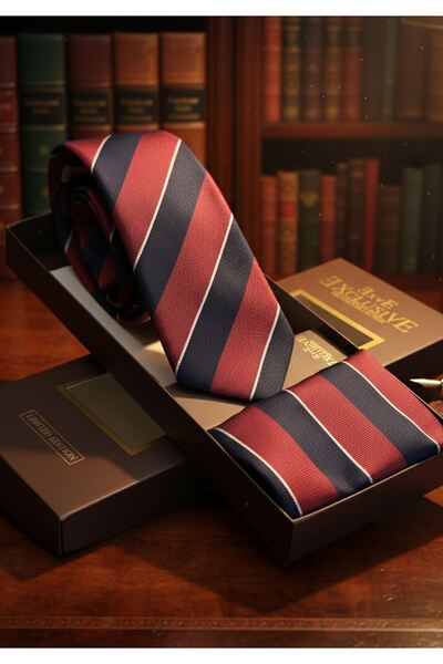 Exve Exclusive Burgundy Navy Blue White Striped Jacquard Woven Gift Boxed Tie and Handkerchief Set
