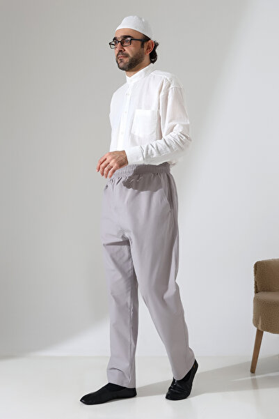 ihvan online Men's Elastic Waist Pocket Hajj Umrah Linen Shalwar Pants - Gray (Vşn)