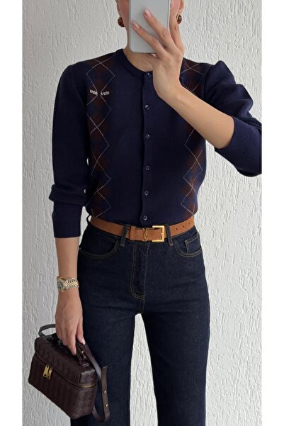 HAZELANNA Baklava Pattern Navy Blue Cardigan