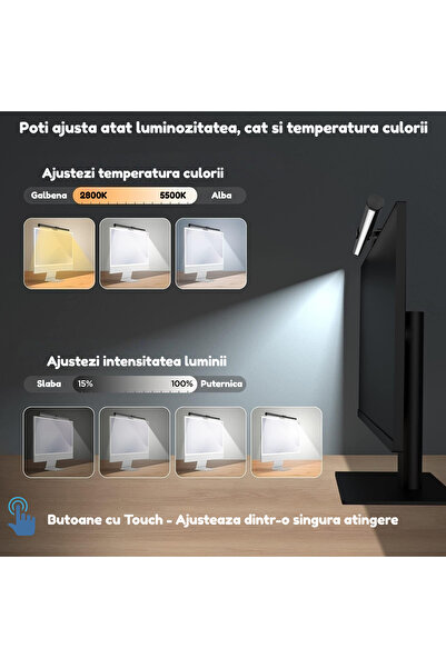 AdyMel RF Monitor LED Lamp, Aluminum, 42.5 cm, Detachable Stand, USB, Touch, Adjustable Color/Intens