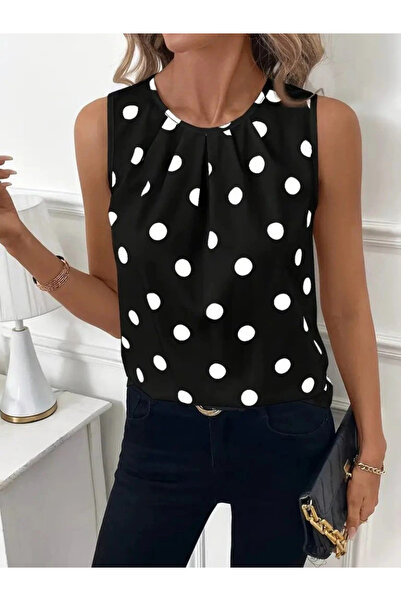 GENCULUS Women's Strap Collar Gathered Polka Dot Atlas Blouse