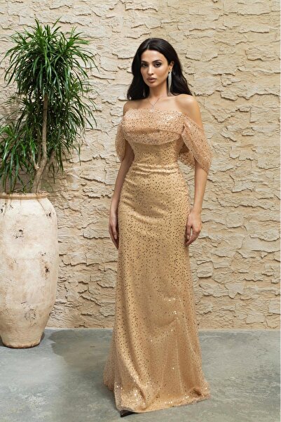 Serica Moda Χρυσό βραδινό φόρεμα με παγιέτες χωρίς λουράκια