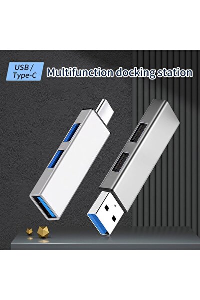 AdyMel USB Type-C & Type-A Adapter Hub (Aluminum, USB 3.0 5Gbps, USB 2.0 480Mbps) - Gray