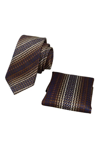 Exve Exclusive Brown Beige Blue Ethnic Geometric Patterned Tie and Handkerchief Set with Gift Box