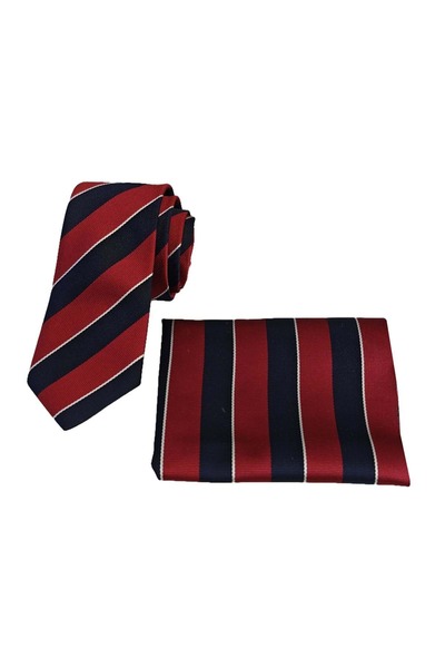 Exve Exclusive Burgundy Navy Blue White Striped Jacquard Woven Gift Boxed Tie and Handkerchief Set