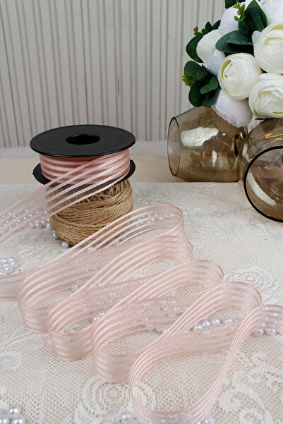 Mortex Powder Pink Hilton Striped Chiffon Ribbon 2.5 cm 20 m - Wedding Favors, Engagement, Dowry, Gift, Decoration, Party