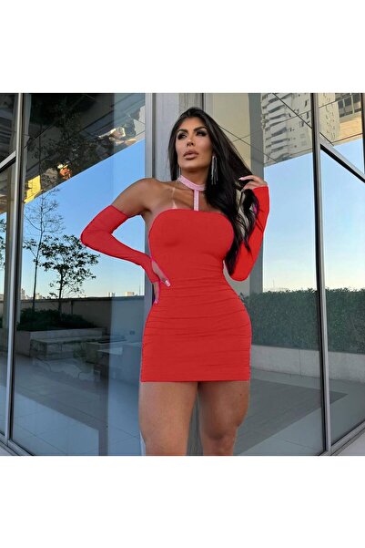 euro click Rochie mini cu mâneci lungi, cu detalii din piatră și șnururi pe l...