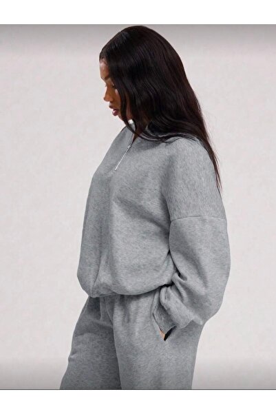 DEZZİİ Gray Wide Leg and Mock Neck Sweatshirt Tracksuit Set