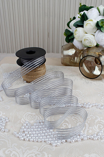 Mortex Gray Hilton Striped Chiffon Ribbon 2.5 cm 20 m - Wedding Favor, Engagement, Bride’s Dowry, Gift, Decoration, Party