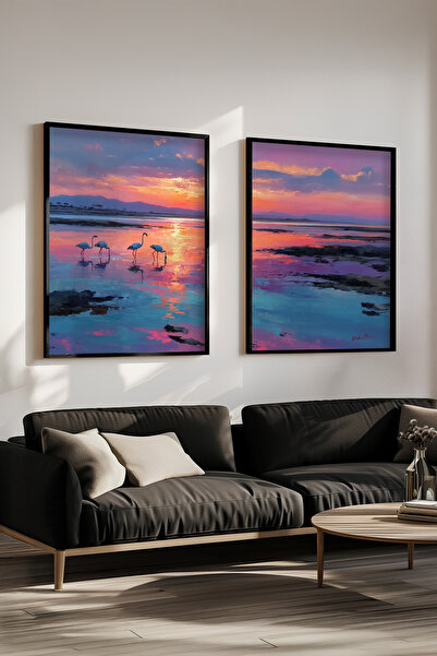 STARYUNA Set of 2 Paintings with Oil Painting Effect Black Wooden Framed Flamingo Scenery Yuna443
