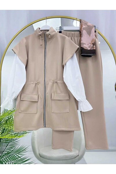 MODA VEDAT Drawstring Waist Mock Neck Scuba Vest Set Set (Vest-Trousers 2 Pieces Are Sent)