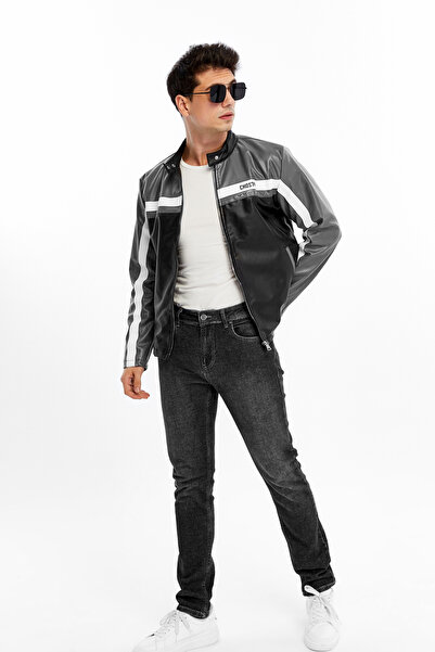 CHOS7N Men's Striped Printed Leather Jacket Zippered Coat