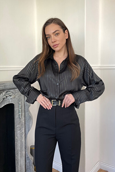 MAGARDE Zra Çizgili Saten Gömlek- SİYAH