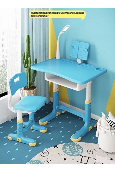 Raffine Adjustable Height Student Desk & Chair Set with Drawer, Lamp & Book Holder - Blue