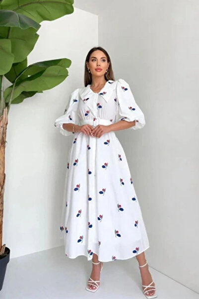 GENCULUS Red Belted Dress with Floral Pattern