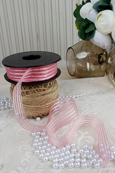 Mortex Pink Hilton Striped Chiffon Ribbon 2.5 cm 20 m - Wrapping, Wedding, Engagement, Dowry, Gift, Decoration, Party