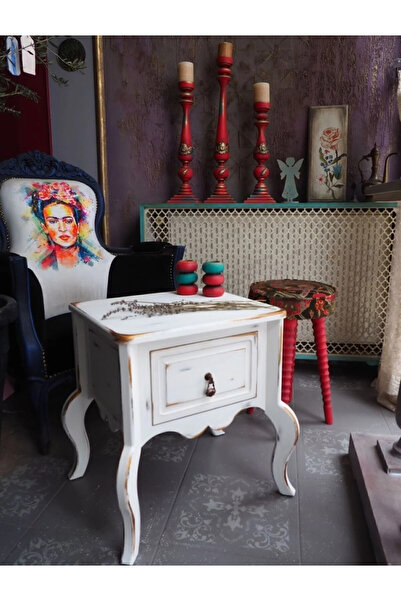 RENDORA MOBİLYA Beyaz Tek Çekmece Gold Eskitme Komodin