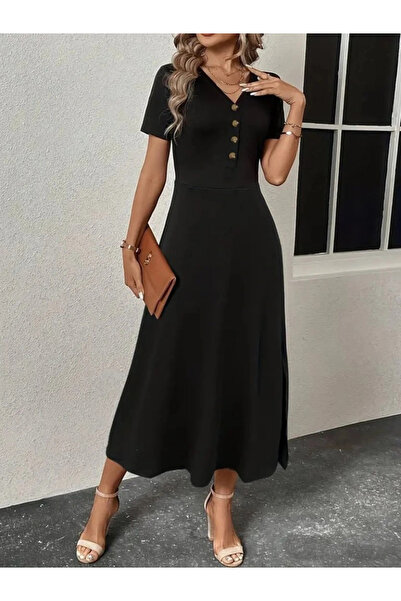 GENCULUS Women's short sleeve v neck front button Slit midi viscose dress