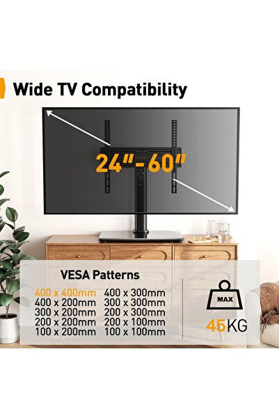 Perlegear TV Stand for 24–60 inch TVs, height-adjustable, 50° swivel, tempered glass base