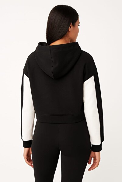 Neva Uzun Kollu Kapşonlu Çizgi Detaylı Rahat ve Pamuk Karışımlı Crop Sweat 5041