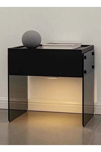 Raffine طاولة بجانب السرير بتصميم عصري بسيط مع أرجل زجاجية وإضاءة ليلية حثية، 50×40×4