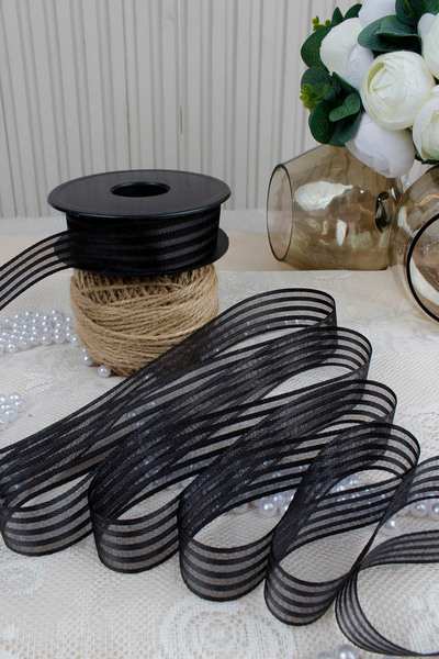 Mortex Black Hilton Striped Chiffon Ribbon 2.5 cm 20 m - Wedding, Engagement, Dowry, Gift, Decoration, Party