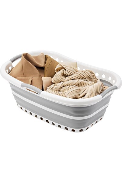 Lawazim Collapsible Plastic Laundry Basket 52x34x20.5cm Grey & White