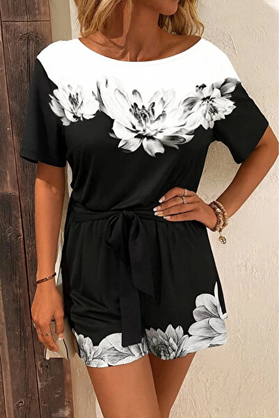 GENCULUS Women's One Shoulder Floral Print Belted Waist Two Thread Mini Short Jumpsuit