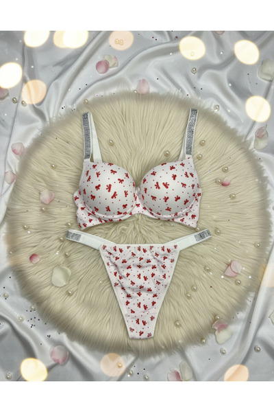 Yume Comfort Beyaz Kırmızı Fiyonk Desenli Taşlı Askılı Destekli Push Up Sütye...