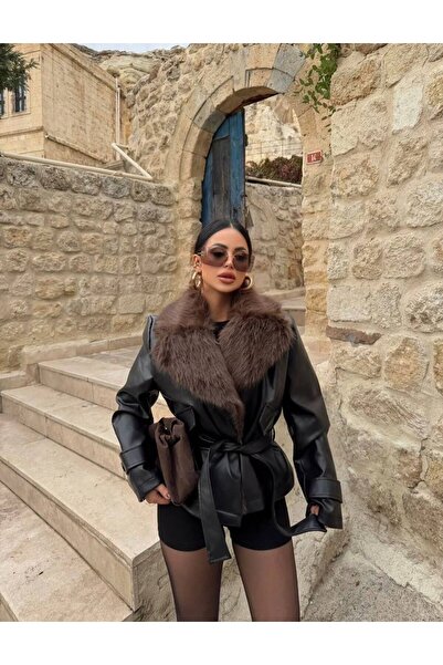 timagna Kadın Kürklü Yaka Kemerli Deri Ceket Premium Kalite Kahve