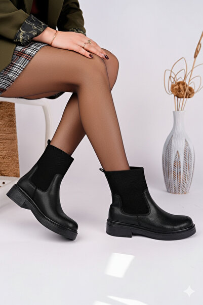 Catelyn Women's Black Leather Knitwear Elastic Thick Thermo Non-Slip Sole Chelsea Boots