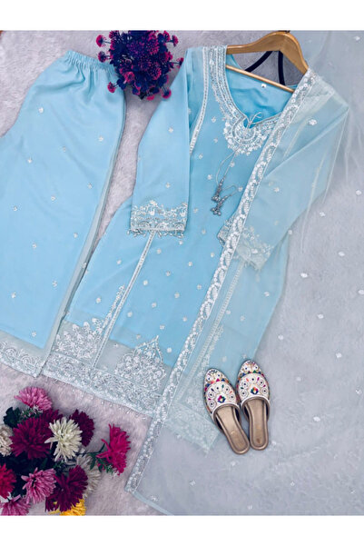 MYSMAR Blue Faux Georgette Salwar Kameez & Dupatta - FFT4278 | Blue