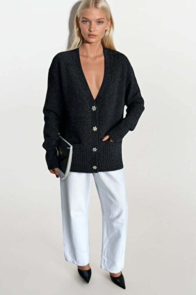 Maxi modena Accessory Detail V-Neck Anthracite Knitwear Cardigan