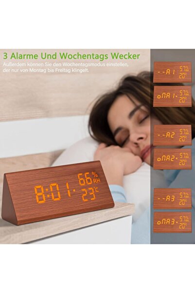 VORRINC Digital Alarm Clock Wood Effect - Voice Control, Date, Temperature & Humidity (Brown)