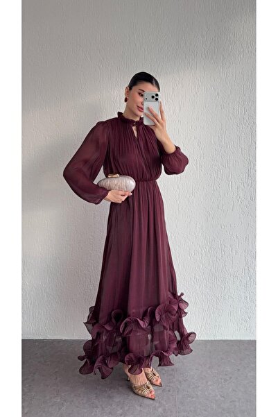 HAZELANNA Volanlı Bordo Uzun Elbise