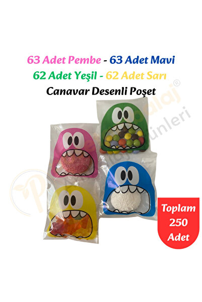 CarpCorn 250 Adet 4 Renkli Canavar Desenli Cake Pop & Kurabiye Poşeti - 10x15 cm