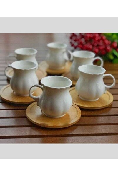 Lavin 6-Piece Porcelain Coffee Cup Set with Bamboo Plates