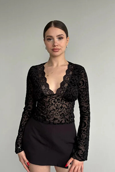 MİROR Women's V-Neck Patterned Lace Spanish Sleeve Blouse