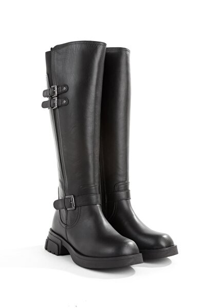 Modabuymus Black Genuine Leather Short Heeled Casual Women's Boots with Elastic Back Bukchon